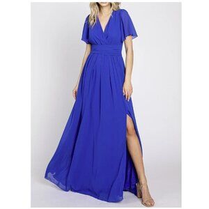 Lavetir Royal Blue Chiffon Short Sleeve Wrap V-Neck Front Slit Maxi Dress